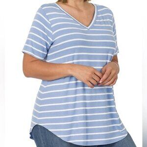 NEW PLUS SIZE STRIPE V-NECK SHORT SLEEVE TOP STRETCH BLUE IVORY 1X